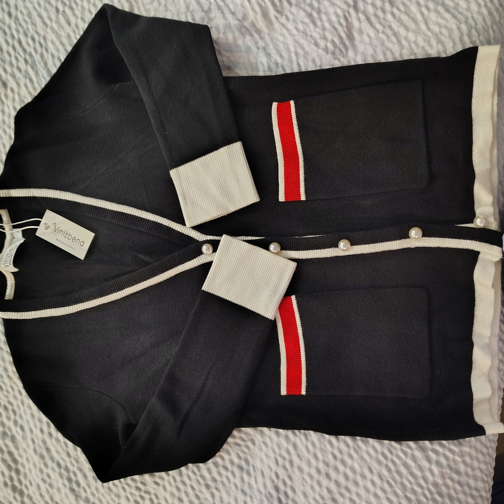 Vince Camuto Black Cardigan with Red and White Trim